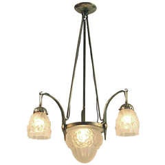 French Art Deco Chandelier, Nickel-plated Wrought Iron, Molded Glass