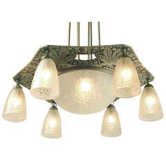 Huge French Art Deco Chandelier with Floral Motifs, 6 shades & bowl