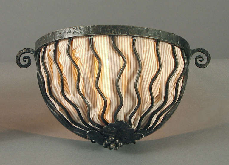 Pair of French Art Deco Hand-wrought Iron Sconces with Fabric "Shade"