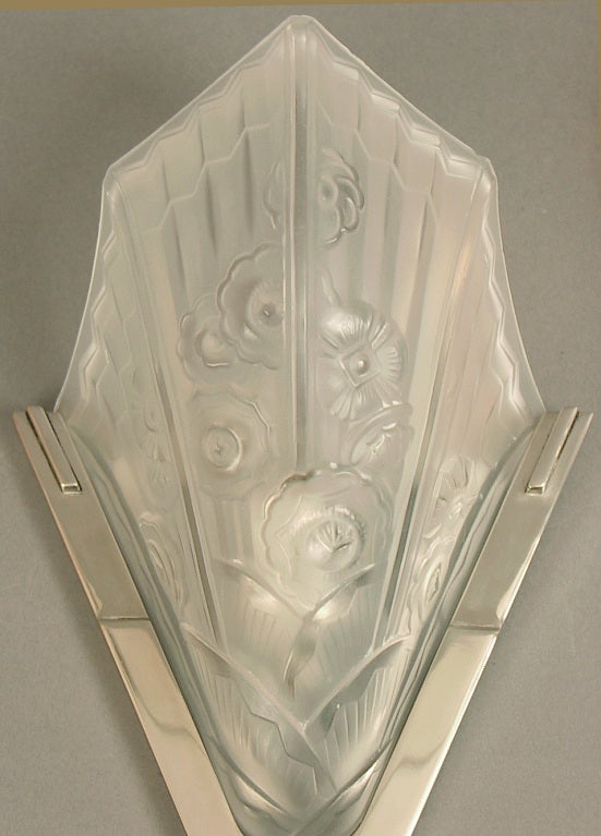 French Art Deco Wall Sconces, Floral Geometric Stylized Motifs, Probably Robert In Excellent Condition In San Francisco, CA