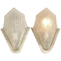 French Art Deco Wall Sconces, Floral Geometric Stylized Motifs, Probably Robert