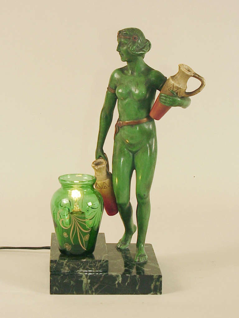 French Egyptian Woman Goes to the Well; Art Deco Table Lamp on Marble Base For Sale
