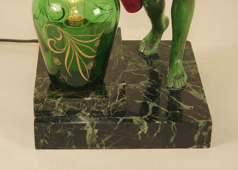 20th Century Egyptian Woman Goes to the Well; Art Deco Table Lamp on Marble Base For Sale