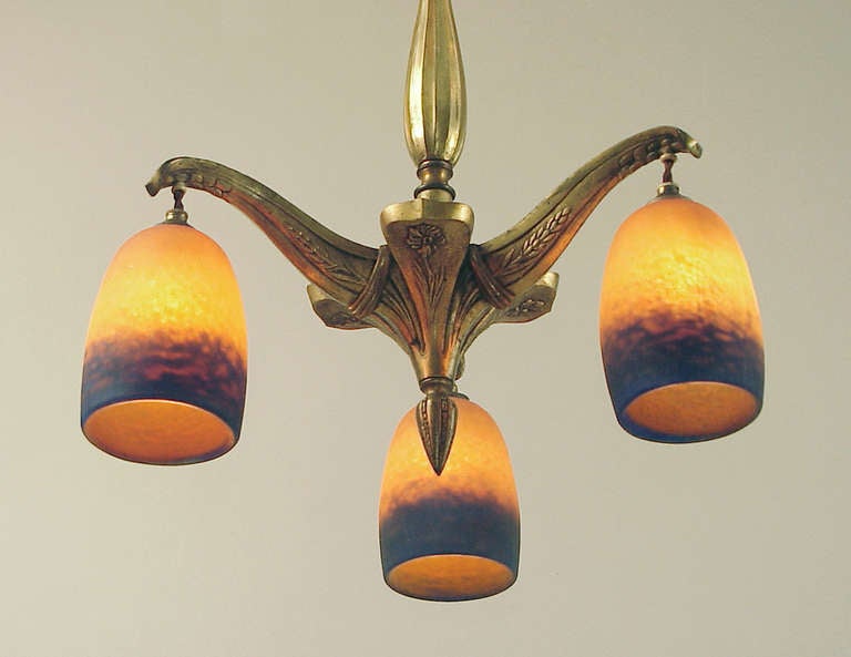 Art Deco Art Nouveau/Deco 3-light chandelier with Rethondes Art Glass For Sale