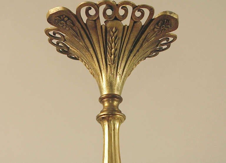 Brass Art Nouveau/Deco 3-light chandelier with Rethondes Art Glass For Sale