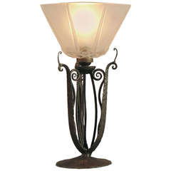 A French Art Deco Hand-wrought Iron Table Lamp with Hexagonal Shade
