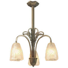 Antique A Petite Three-light French Art Deco Chandelier with Special Shades by Donna