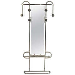 French Art Deco Aluminum Hall Tree or Coat Rack with Large Mirror