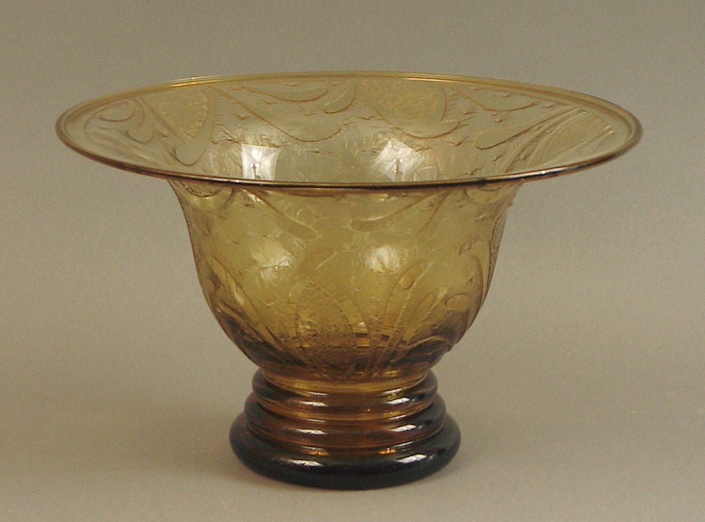 Large Etched Amber Glass Bowl or Vase, French Art Deco 3