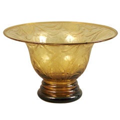 Large Etched Amber Glass Bowl or Vase, French Art Deco