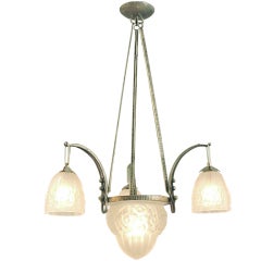 French Art Deco Wrought Iron Chandelier with Floral Shades