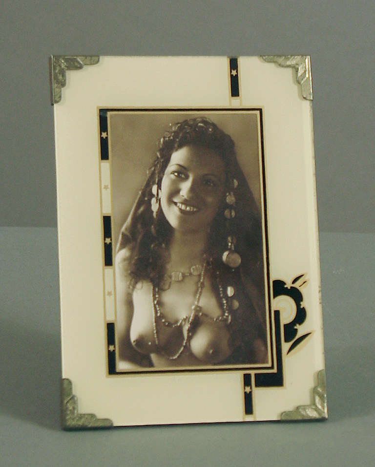 American Art Deco Decorated Glass Picture Frame with Fetching Lady
