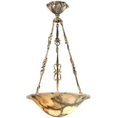 French Art Deco Alabaster Pendant with Truly Extraordinary Metal