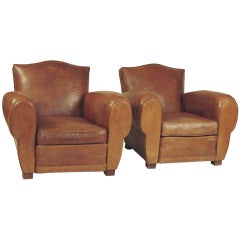 French Art Deco Leather Gendarme Club Chairs