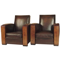 Pair of Chocolate Leather Modernist/Deco French Club Chairs