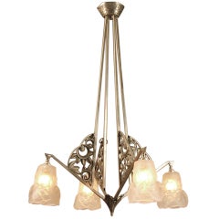 French 4-light Brushed Nickel Art Deco Chandelier by Degue