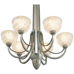 Antique Six Arm French Art Deco Beaded, Pewter-Colored Chandelier in the Leleu Mode