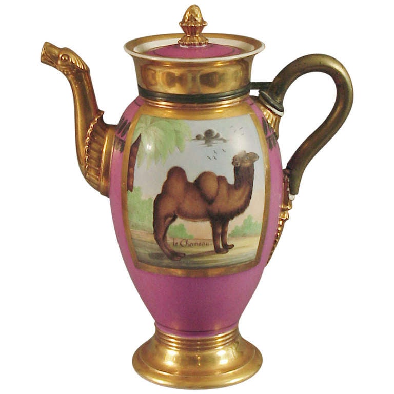A Fine Paris Porcelain Tea or Coffee Pot with Camels -- the Handle Replaced For Sale