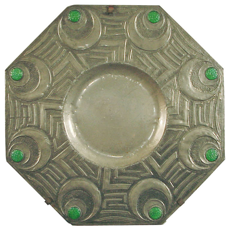 Octagonal Hand-Wrought French Art Deco Pewter Charger or Wall Decoration For Sale