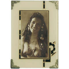 Antique American Art Deco Decorated Glass Picture Frame with Fetching Lady