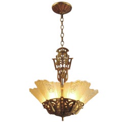 Vintage (Truly) Gorgeous Art Deco Chandelier by Lightolier, Gold & Amber
