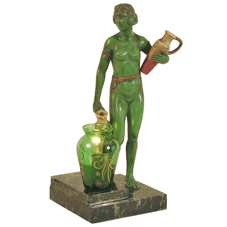 Egyptian Woman Goes to the Well; Art Deco Table Lamp on Marble Base For Sale