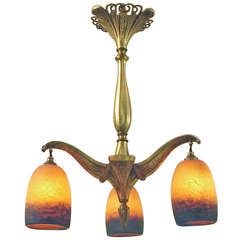 Art Nouveau/Deco 3-light chandelier with Rethondes Art Glass