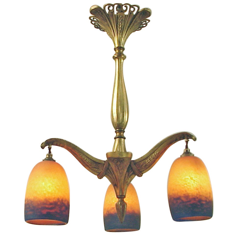 Art Nouveau/Deco 3-light chandelier with Rethondes Art Glass For Sale
