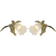 Pair of French Bronze Art Nouveau Winged Griffin Wall Sconces