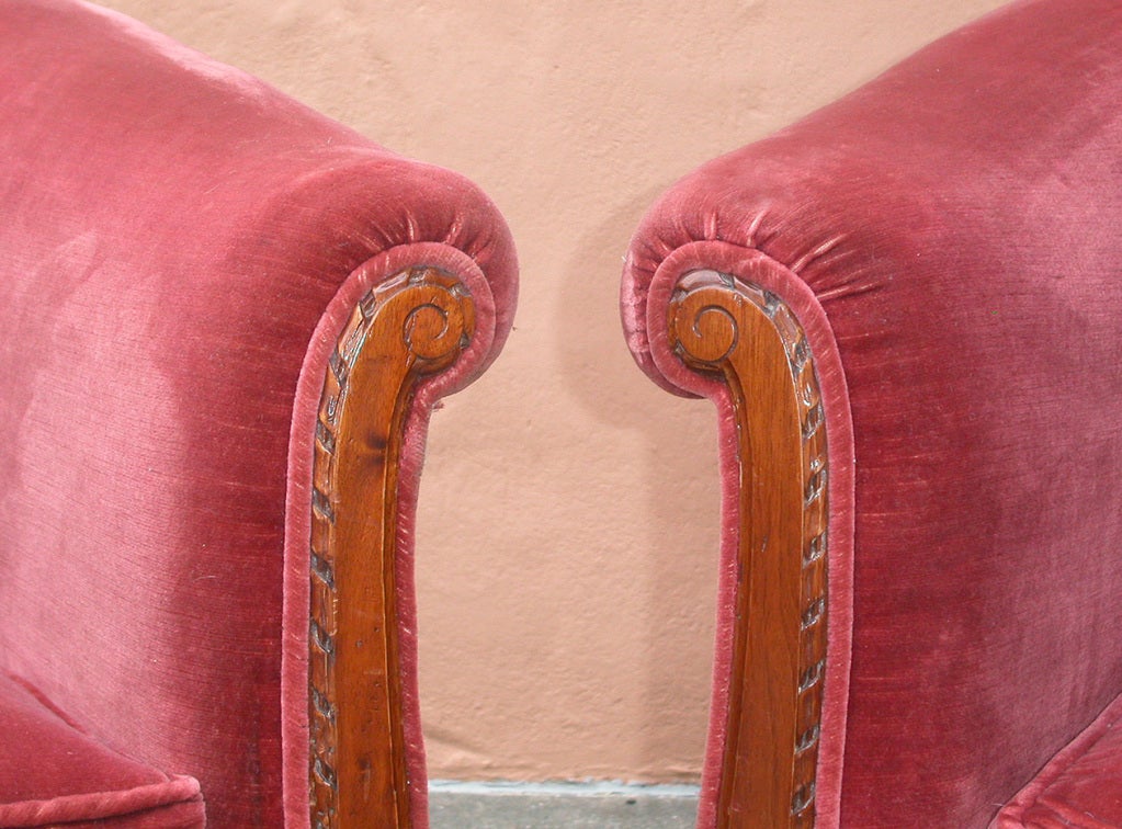 Pair of French Art Deco Barrel Club Chairs, Antique Velvet In Good Condition For Sale In San Francisco, CA