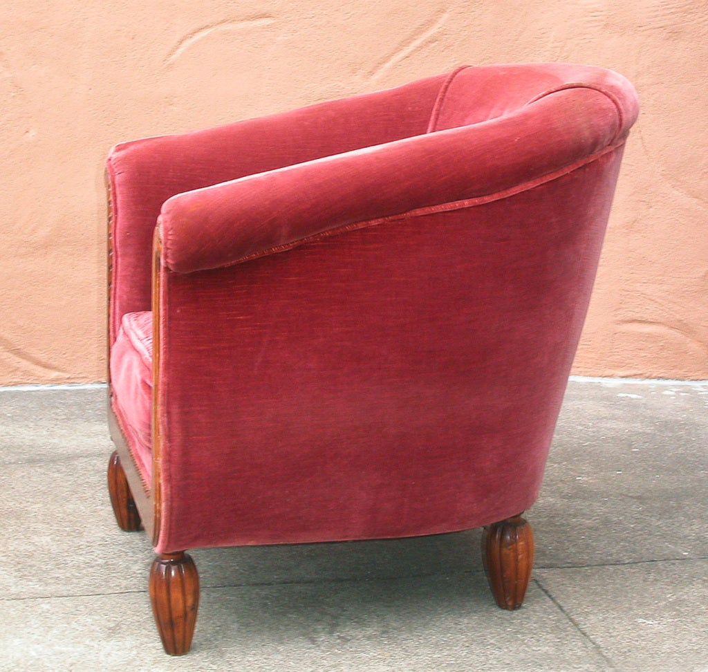 Pair of French Art Deco Barrel Club Chairs, Antique Velvet For Sale 1