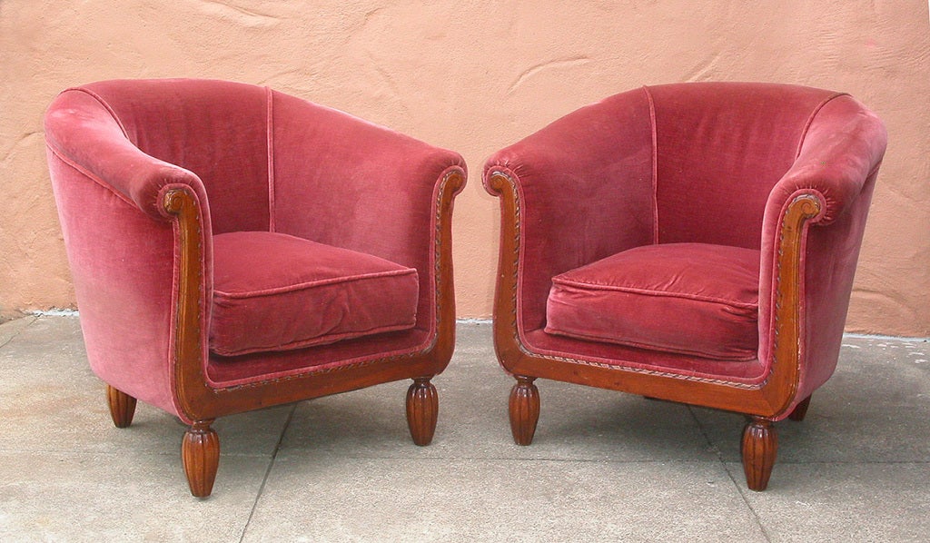 Pair of French Art Deco Barrel Club Chairs, Antique Velvet For Sale 3