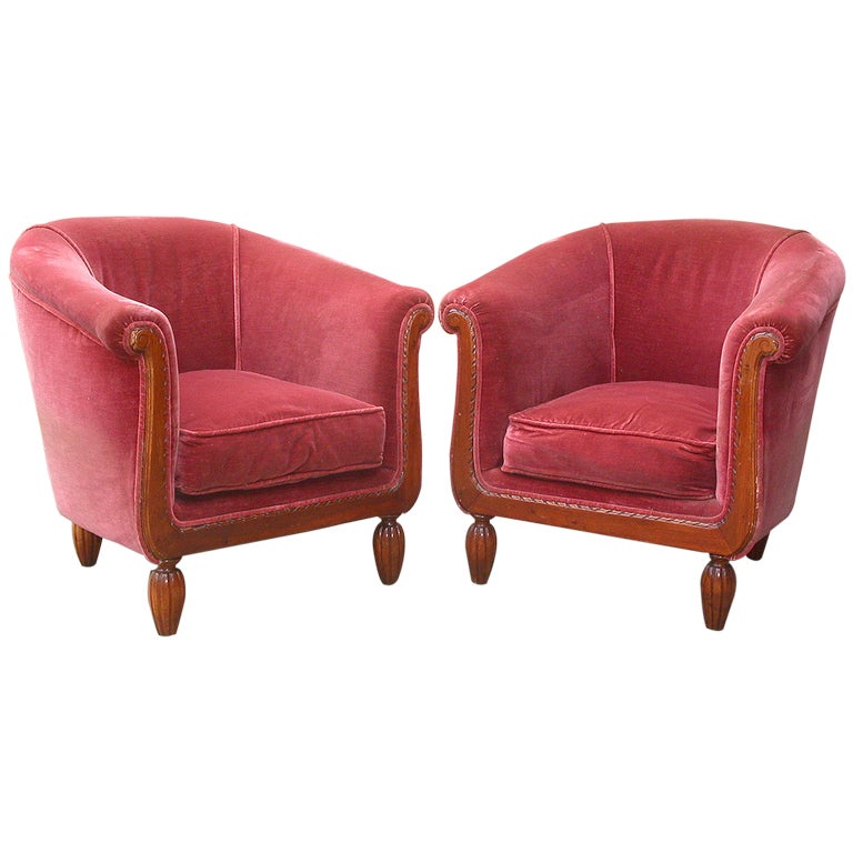 Pair of French Art Deco Barrel Club Chairs, Antique Velvet For Sale