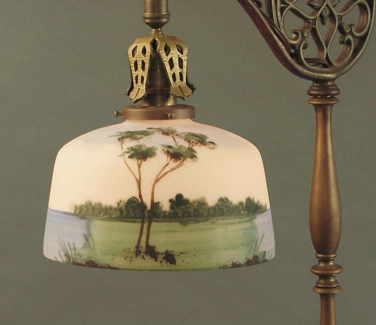 American Brass Bridge Floor Lamp with Hand-Painted Scenic Glass Shade