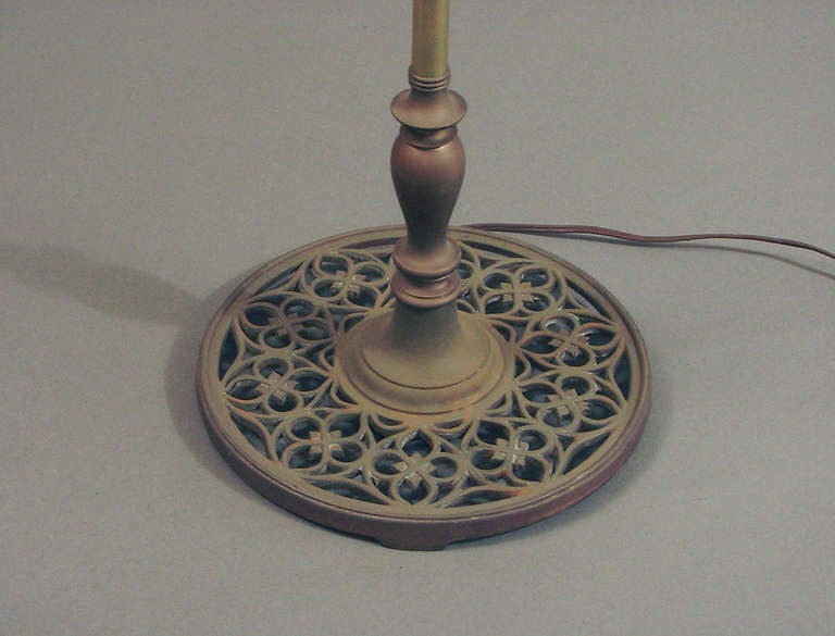 20th Century Brass Bridge Floor Lamp with Hand-Painted Scenic Glass Shade