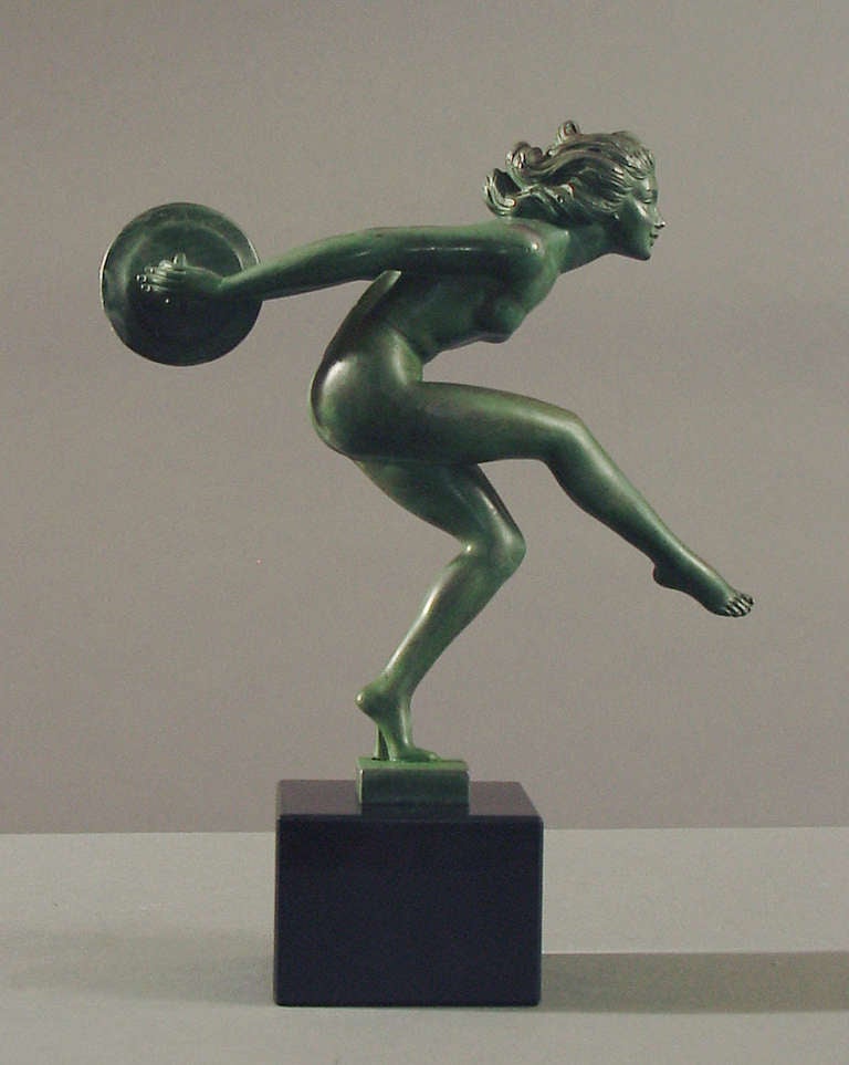 French Art Deco Statue of a Nude Dancer with Cymbals, on Marble Plinth In Good Condition For Sale In San Francisco, CA