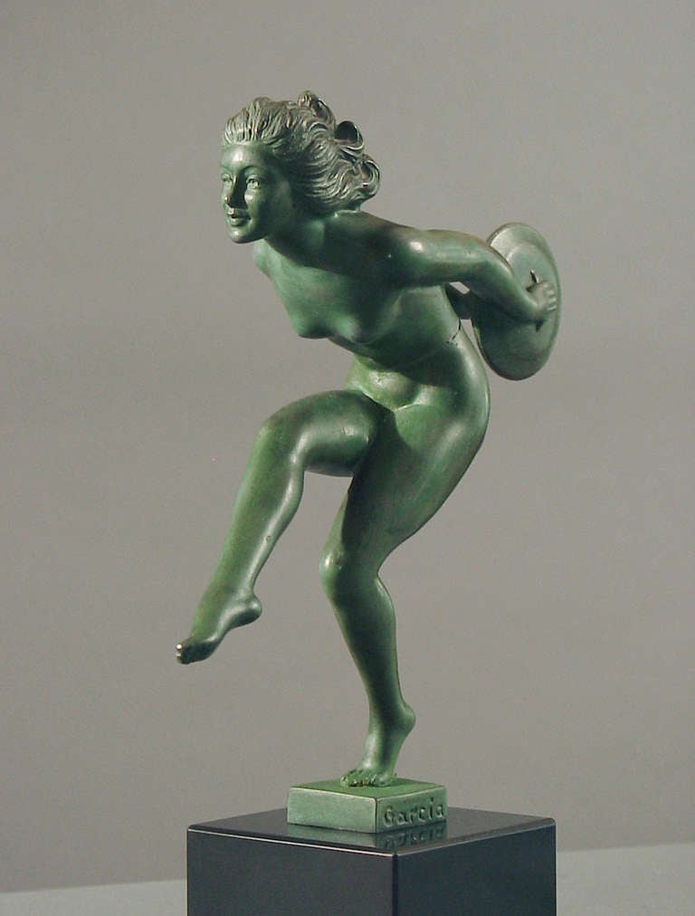 20th Century French Art Deco Statue of a Nude Dancer with Cymbals, on Marble Plinth For Sale