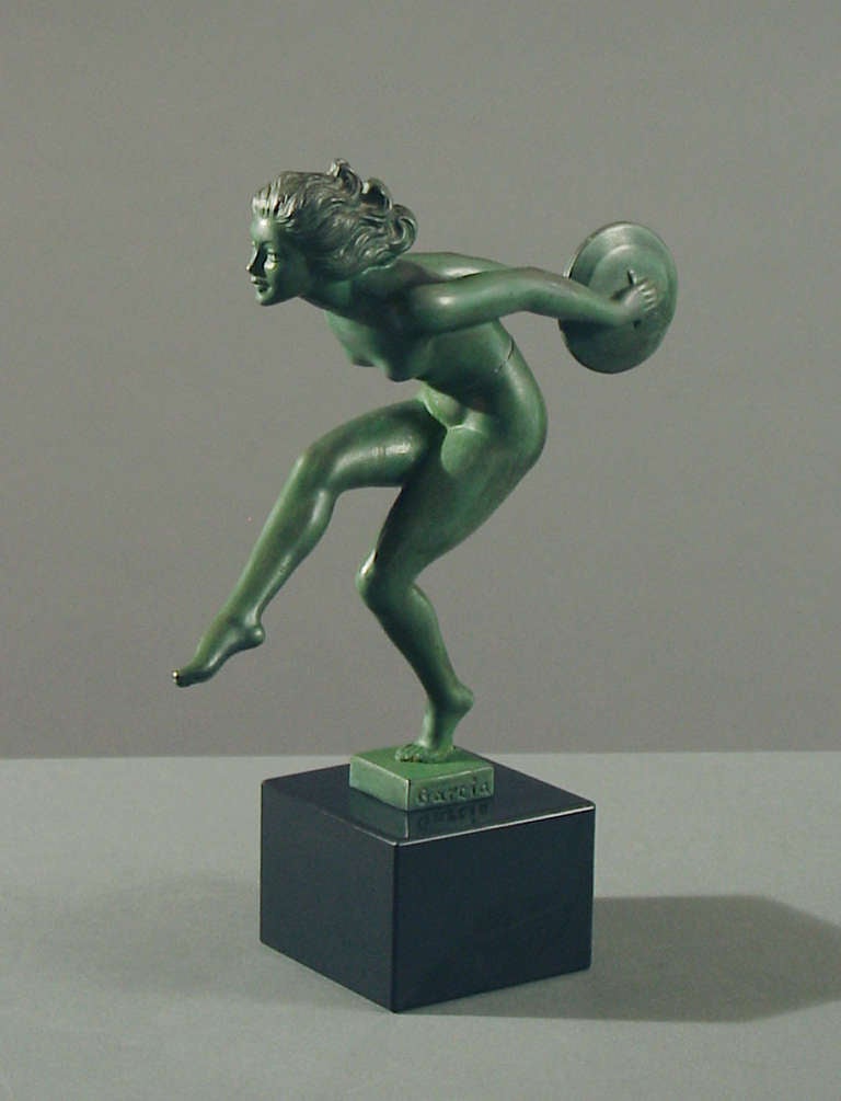 French Art Deco Statue of a Nude Dancer with Cymbals, on Marble Plinth For Sale 3