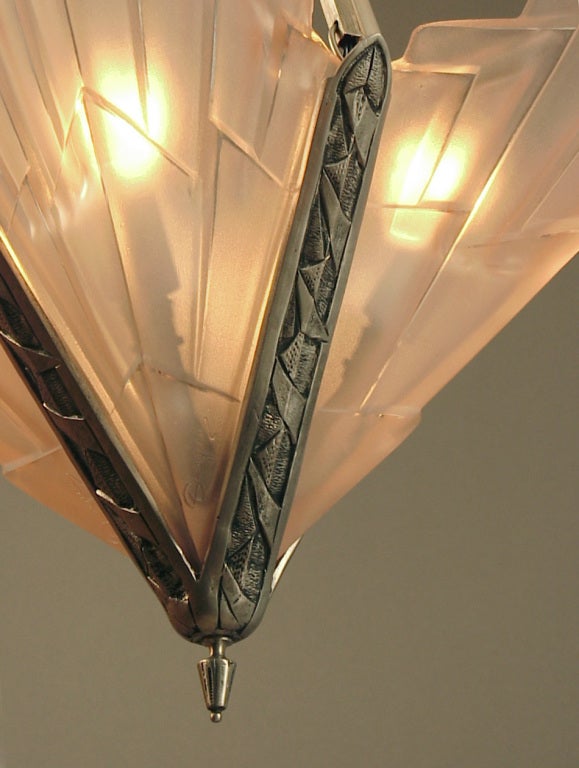 Molded French Art Deco Degue Chandelier with Geometric Peach Glass
