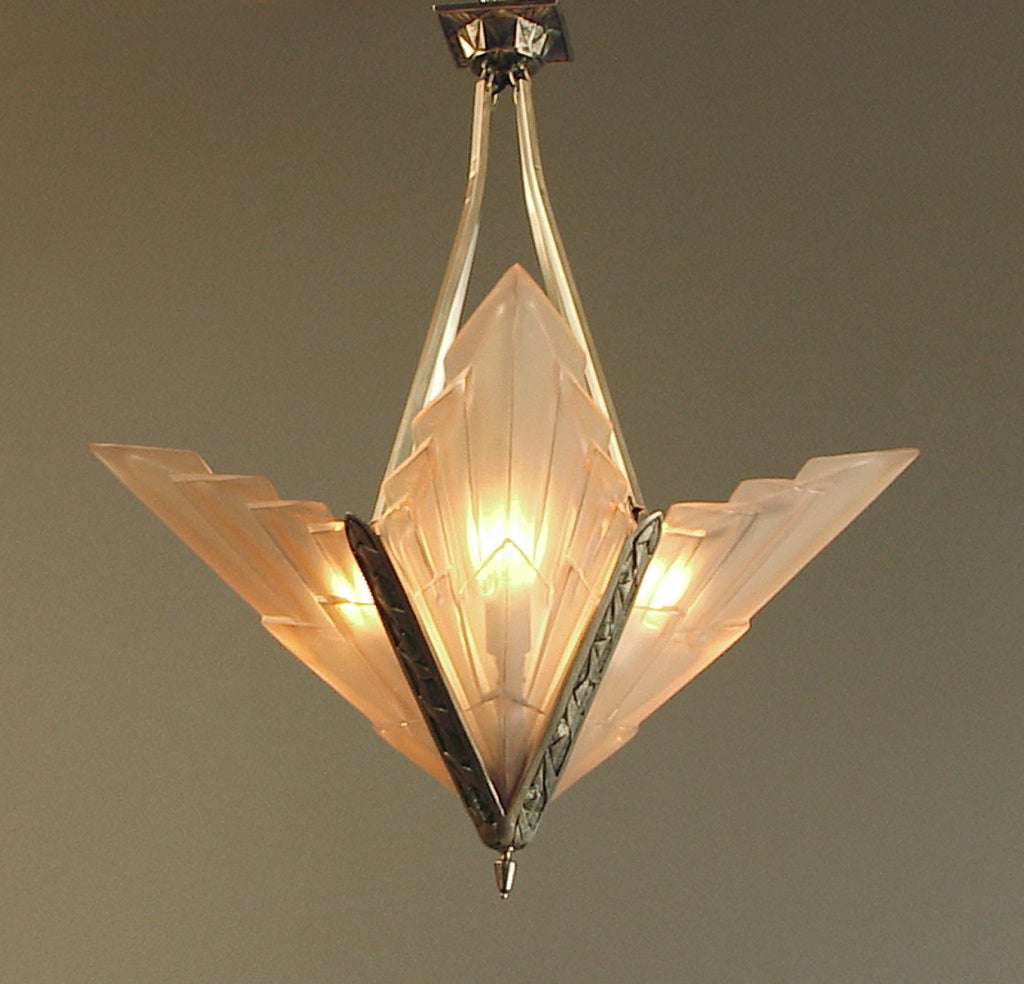 French Art Deco Degue Chandelier with Geometric Peach Glass 2