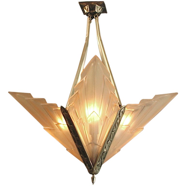 French Art Deco Degue Chandelier with Geometric Peach Glass