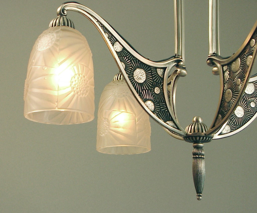 Brass French Art Deco Four-Light Chandelier with Floral Motif by Hettier et Vincent