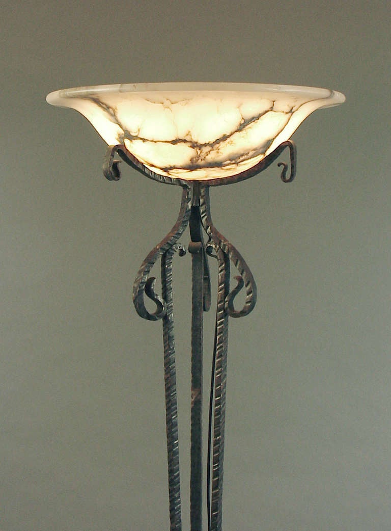 Hand-Crafted A Superior French Art Deco Wrought Iron and Alabaster Torchiere/Floor Lamp
