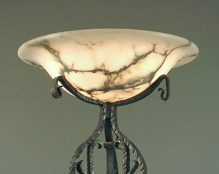 A Superior French Art Deco Wrought Iron and Alabaster Torchiere/Floor Lamp In Excellent Condition In San Francisco, CA