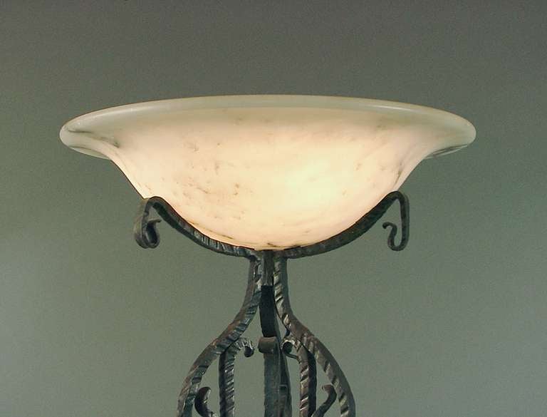 A Superior French Art Deco Wrought Iron and Alabaster Torchiere/Floor Lamp 1