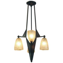 French Art Deco Chandelier, Bronze Finish, with Four Gold Shades