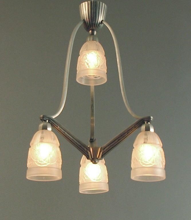 Brass French Art Deco Chandelier with Four Shades, Exceptional Configuration For Sale