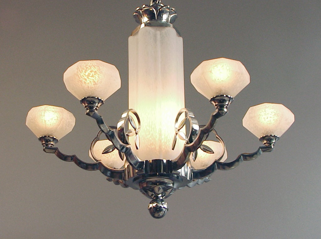 French Six-Arm Art Deco Chandelier with Schneider Glass