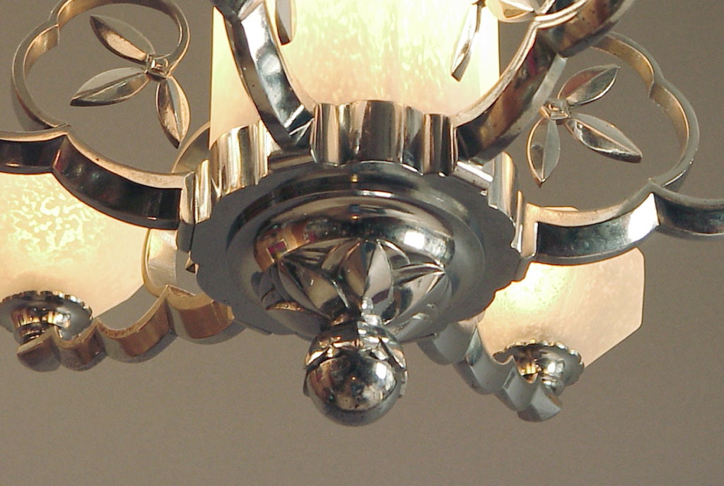 20th Century French Six-Arm Art Deco Chandelier with Schneider Glass For Sale