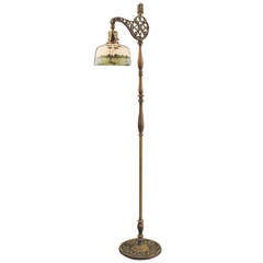 Antique Brass Bridge Floor Lamp with Hand-Painted Scenic Glass Shade
